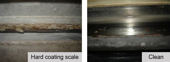Buildup on coater blade vs. clean blade
