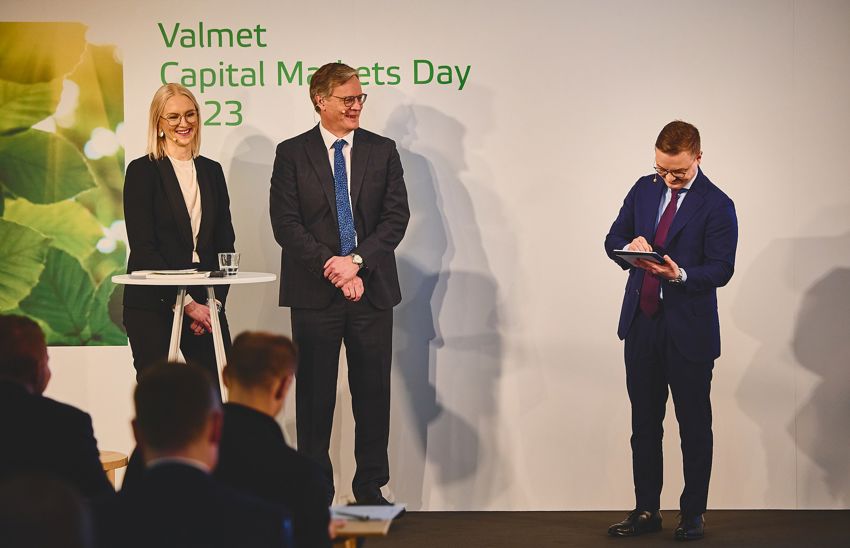 CFO Katri Hokkanen, President and CEO Pasi Laine and VP, Investor Relations Pekka Rouhiainen at Valmet CMD 2023