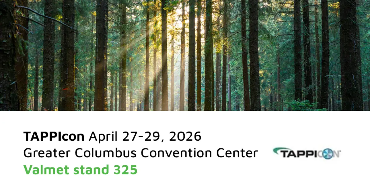 Banner for TAPPIcon 2026 participation with Valmet details - forest image on the background