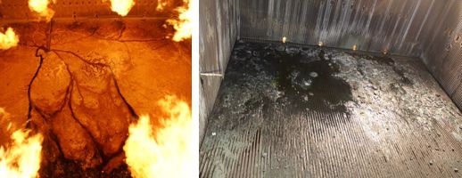 Boiler floor after smelt removal (left) and after washing with new method (right)