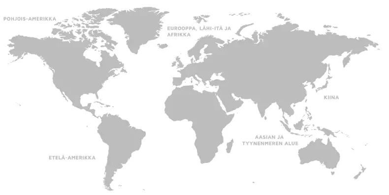 Labeled world map with regions named North America, South America, EMEA, China, and Asia-Pacific in FInnish.