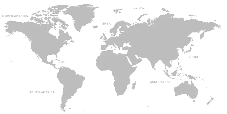 Labeled world map with regions named North America, South America, EMEA, China, and Asia-Pacific.