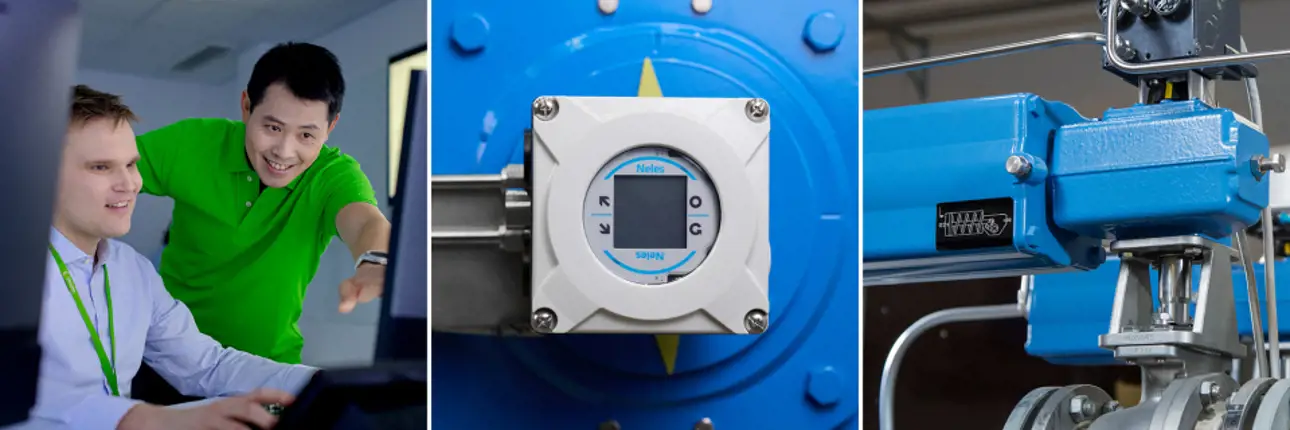 people looking at a computer, a valve controller, a valve assembly