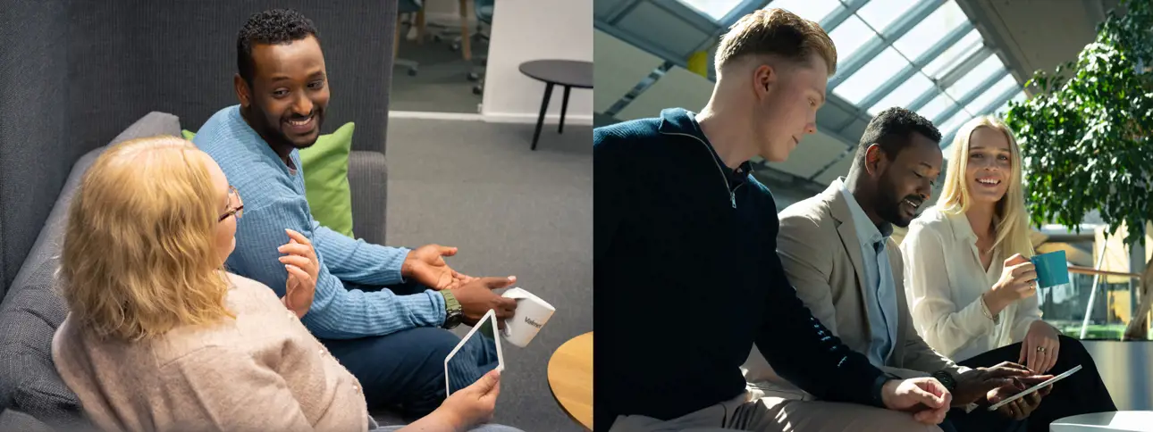 Two people sitting and talking in a modern office lounge, one holding a tablet and the other a coffee mug; three people in a bright atrium, one holding a mug and another using a tablet, engaged in conversation.
