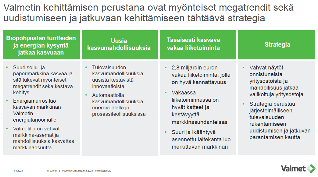 Valmetin kehittämisen perustana ovat myönteiset megatrendit sekä uudistumiseen ja jatkuvaan kehittämiseen tähtäävä strategia 