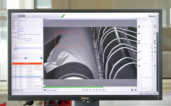 The instant a break occurs as captured by the web break monitoring system; the red rectangle shows an area of interest, a dark spot, possibly a sticky, that can be tracked with synchronized frames though the machine.