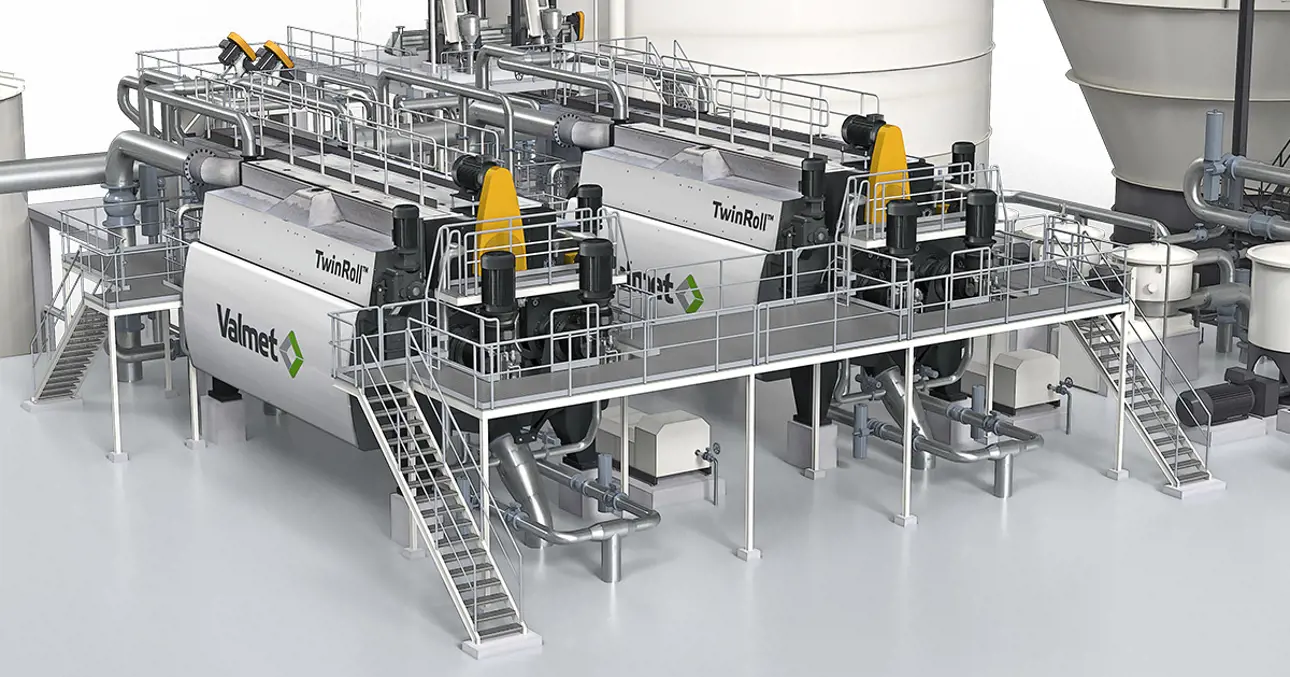 Valmet TwinRoll Press installation for brown stock washing in a typical fiberline.